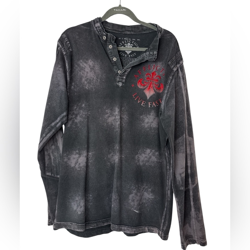 Affliction Live Fast Long Sleeve Shirt – Acid Wash Black/Red – Size M